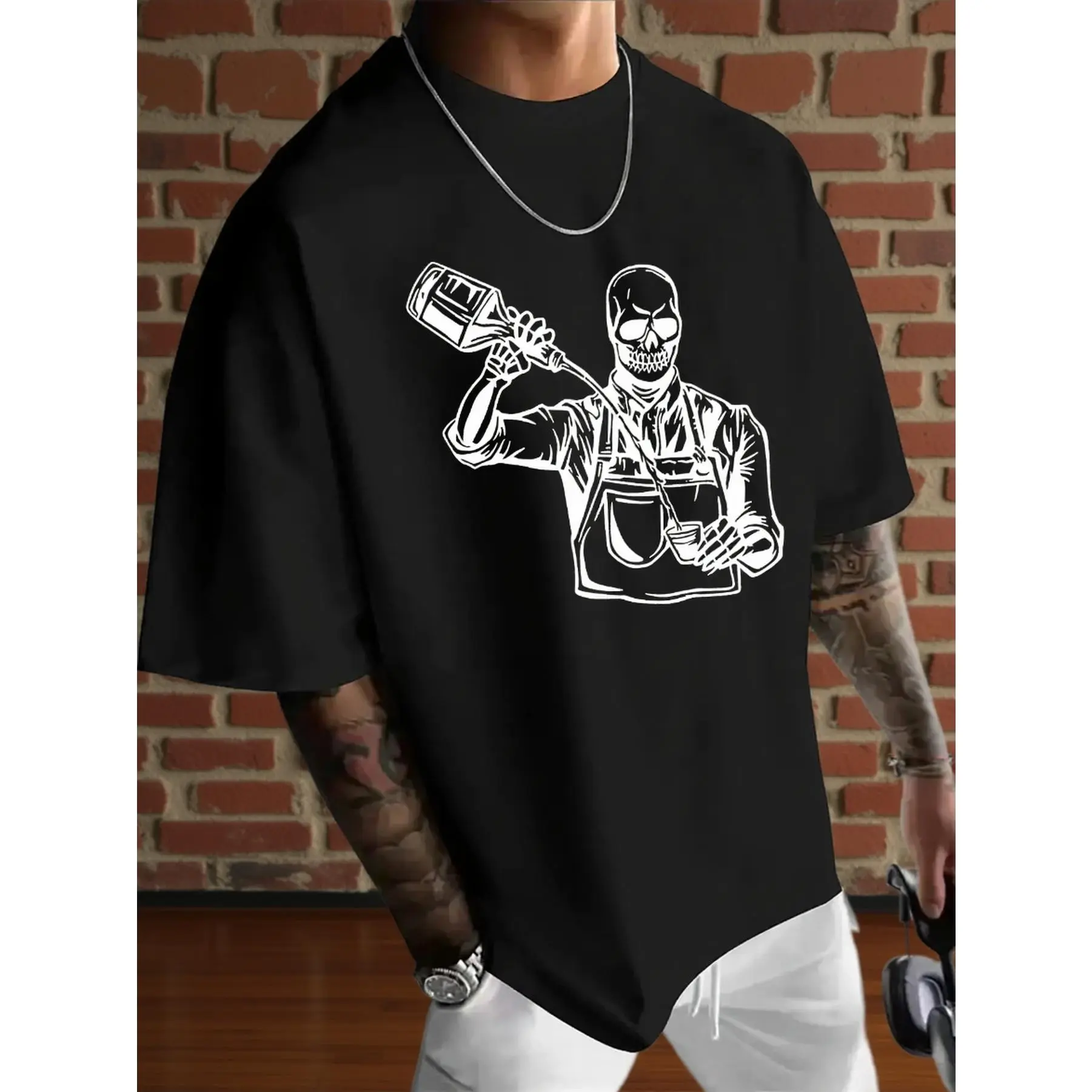 Skull Bartender Print Men's Casual T-Shirt, Summer Men's Crew Neck Short Sleeve T-Shirt, Fashionable Versatile Trendy Printed Short Sleeve Tee