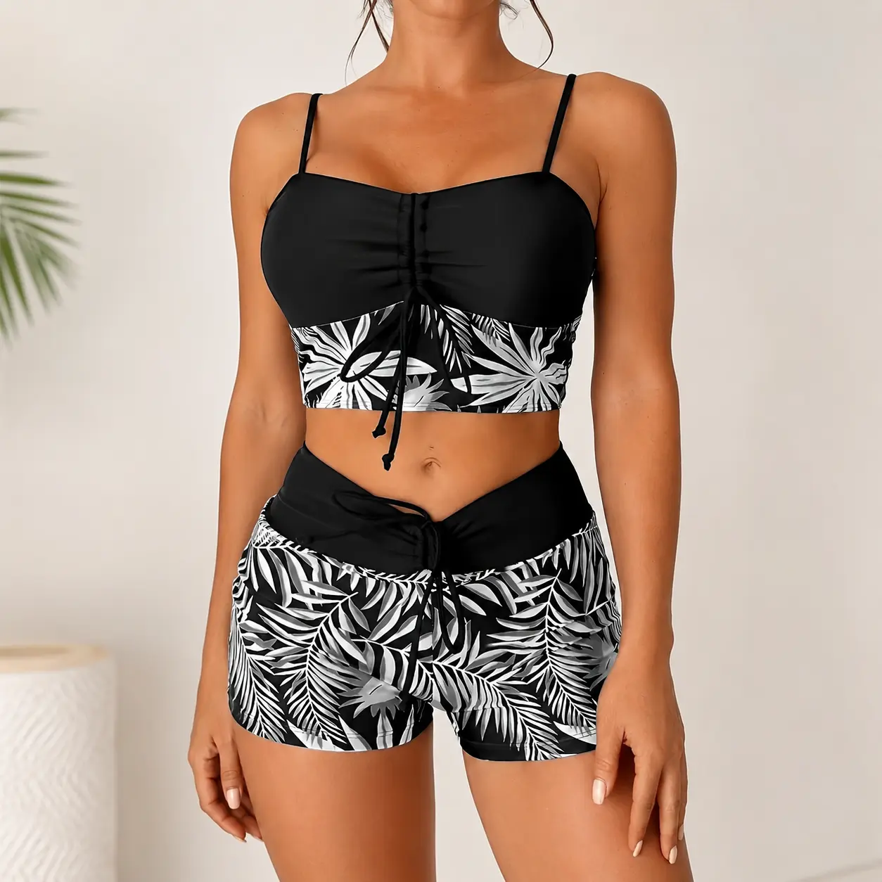Women's 2-Piece Tankini Swimsuit with Shorts, Ruched Drawstring Crop Swim Top and Tropical Print Boyshorts, Beach and Pool Swimwear summervibes vacationoutfits