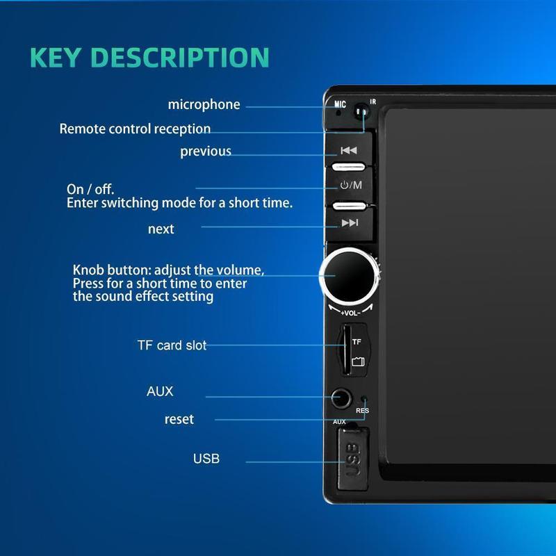 Dual Din Car Audio 7 Inch Touch Screen with Bluetooth Reversing Camera, USB, AUX, Auto Radio, MP5, MP4, MP3, MP3 Player, 12LED Rear Camera
