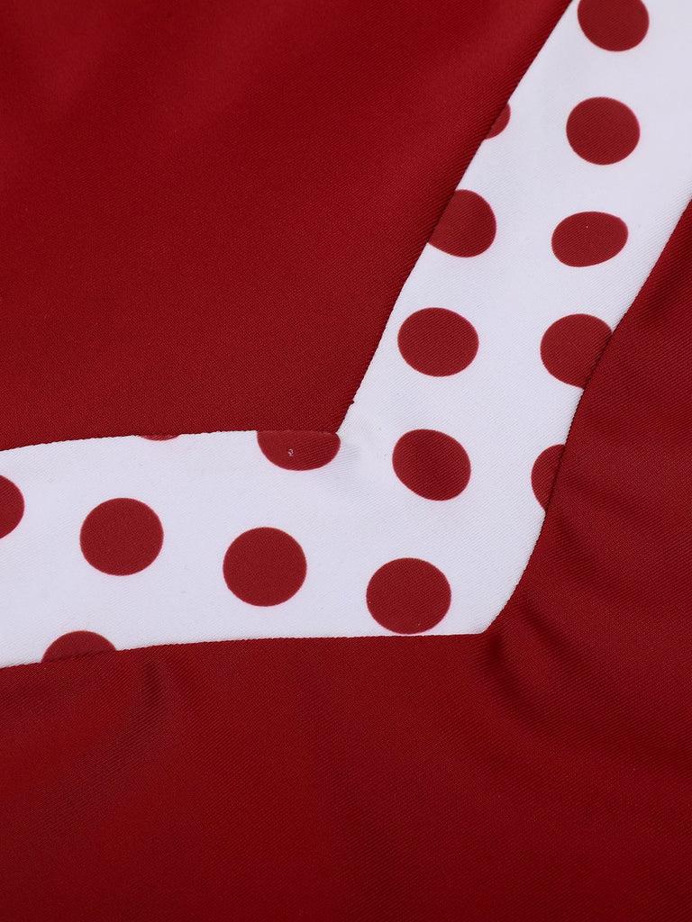 Retro Stage 1940S Wine Red & White Spliced One - Piece Swimsuit Ideal for Casual Travel, Sunbathing on the Beach, Beach Vacation Parties, and Swimming - Flaunt Fashionable Sexy Style in All Seaside Activities Swimwear Polka Dots Classic Vintage