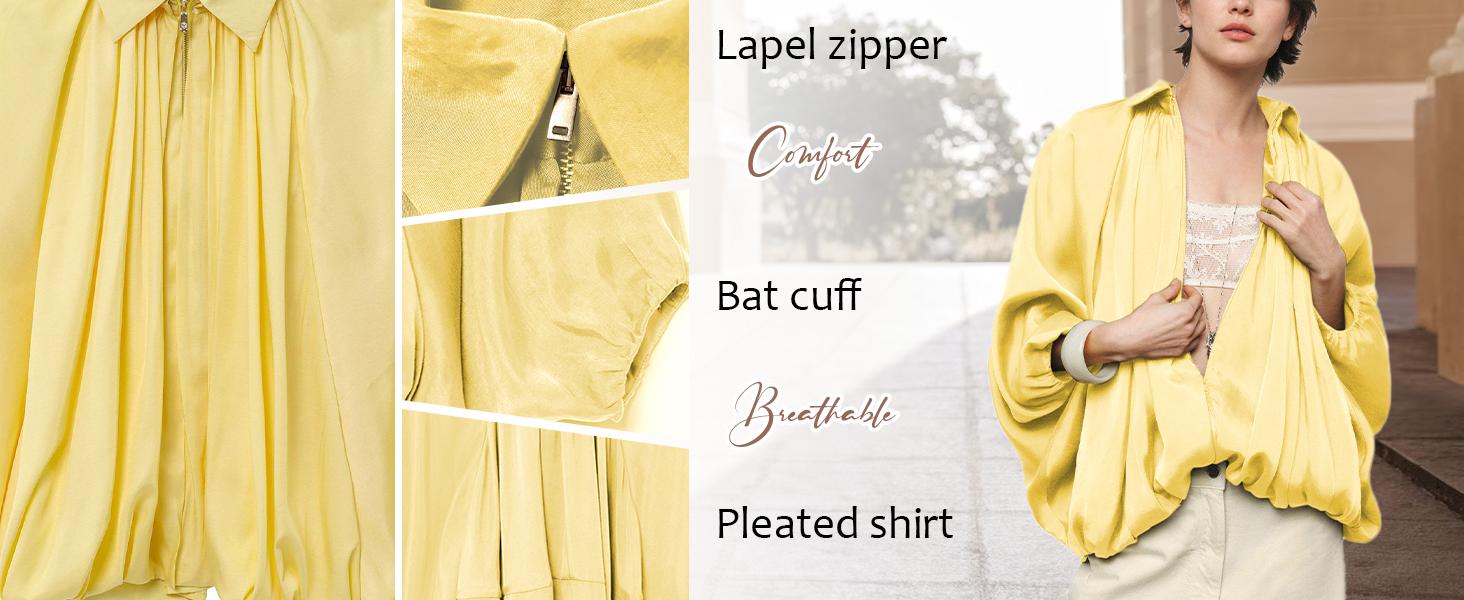 Hixiaohe Womens Puffed Bomber Jacket Casual Batwing Sleeve Lapel Collar Zip Shirts Oversized Pleated Streetwear Jackets