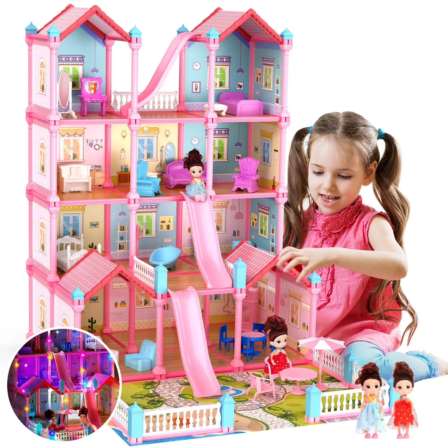 Play Dollhouse with Doll Toy Figures, 14 Rooms Furniture and Colorful Lights, Creative Doll House Gift for Girls Ages 3+, Assemble Required, Pink Pretend Playhouse Role Play Set Doll Playsets, 26 in × 19 in × 28 in Doll House#backtoschool #sohochic