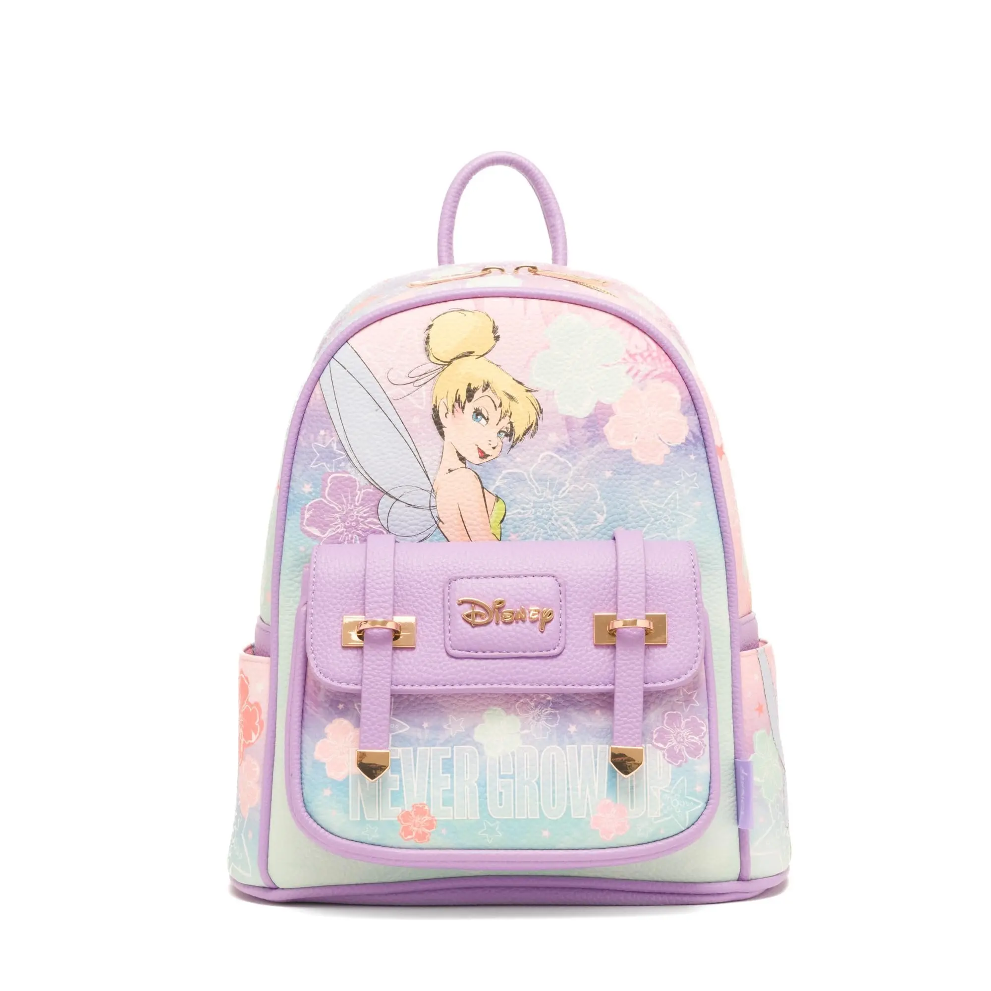 WondaPop Disney Tinker Bell Never Grow Up Premium Vegan Faux Leather Vintage Mini Backpack - Soft Pebbled, Shiny Gold Hardware, Magnetic Closure, Adjustable Straps, Style & Functionality Collectible Casual Daypack, Style And Functionality