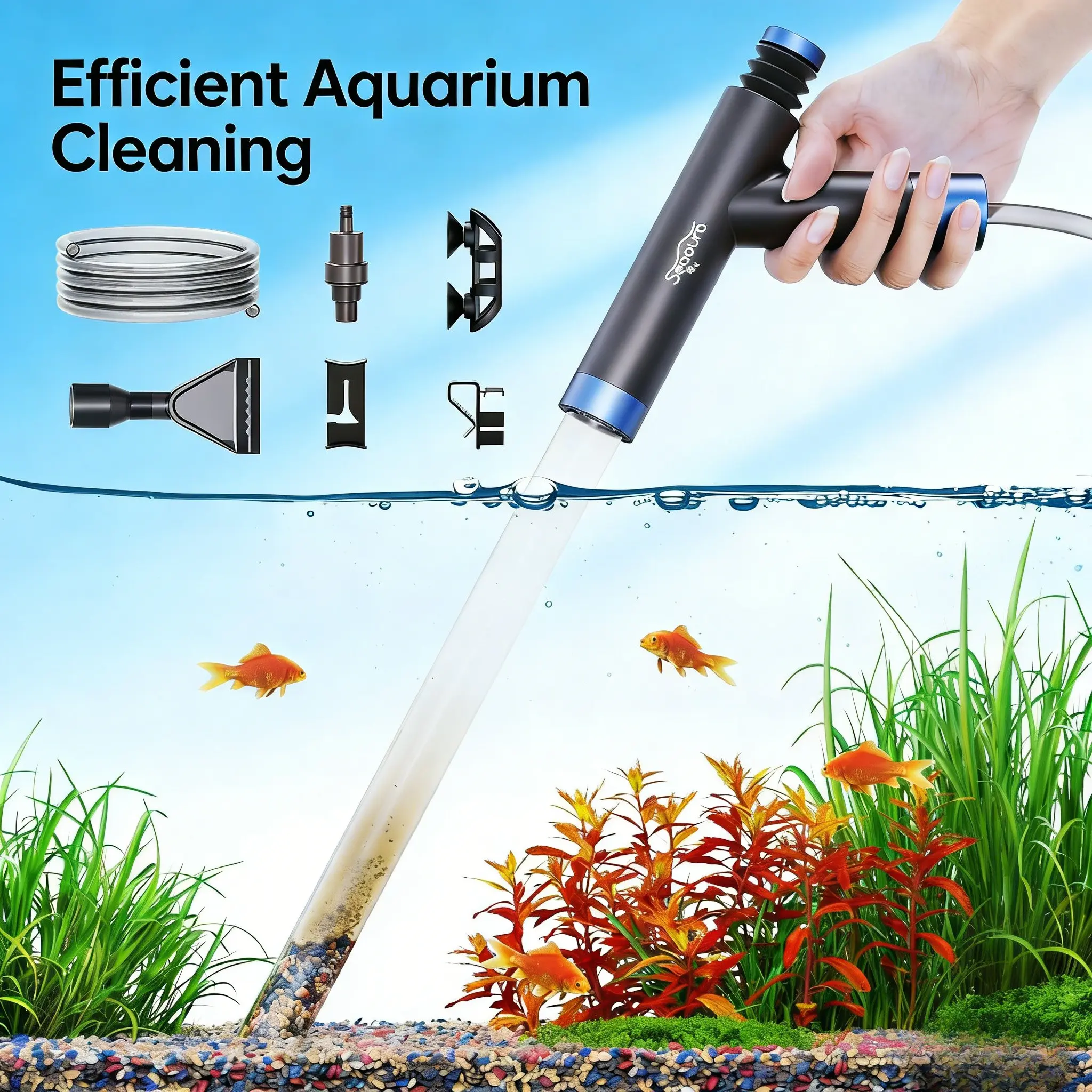 SEAOURA Aquarium Gravel Vacuum Siphon Pump 3-in-1 Multifunction Fish Tank Cleaner Kit for Beginners Manual Water Changer with Air Push Button Sand Washing Fish Waste Removal Mess-Free Water Change Adjustable Brackets for Aquarium Regular Maintenance