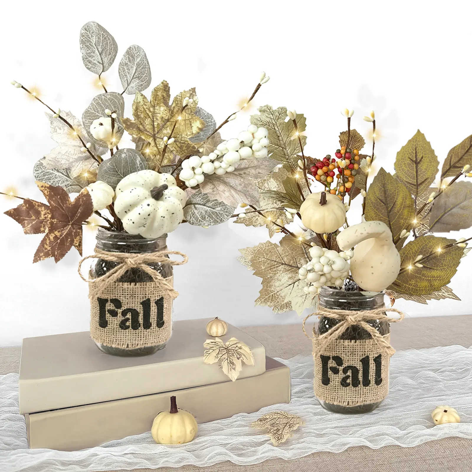 Timer & 2 Style - 2 Pack 13.5 Inch Mason Jar Fall Table Decor, Fall Table Centerpieces with 20 LED Lights, White Maple Leaves Pumpkins & Berries, Cozy Thanksgiving Autumn Table Decor for Dining Kitchen Office Home