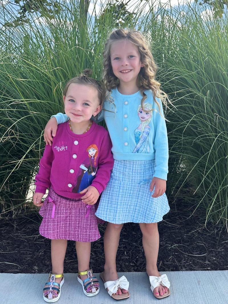 Disney Frozen Elsa Stitch Princess Moana Minnie Toddler Girl 2 Piece Outfit Pearl Button Knit Top & Tweed Skirt Set 2-6Y