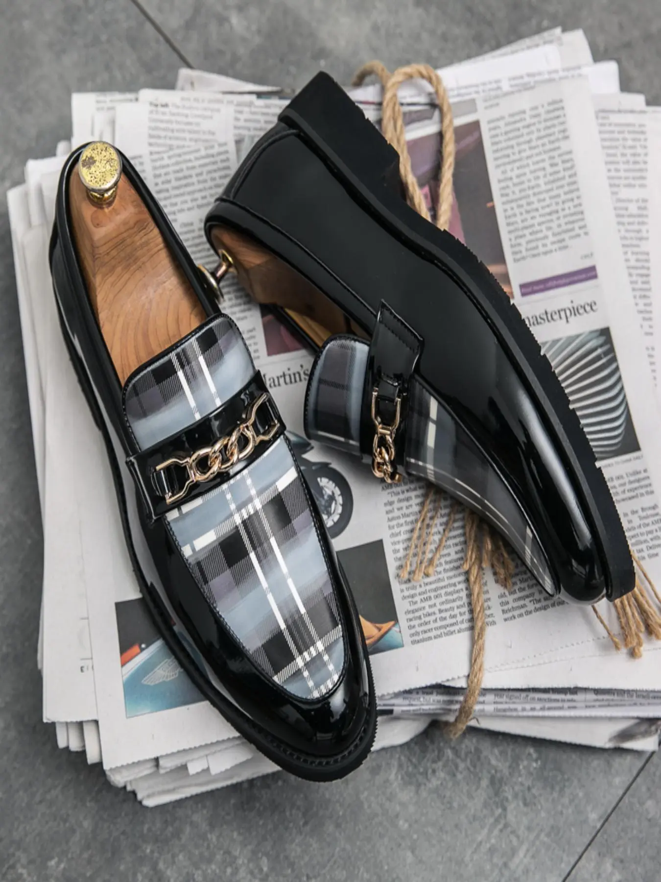 Men's Fashionable Tartan Pattern Chain Decor Easy Breezy Classic Loafers, Casual Comfortable Flat Slip on Style Slip-on Rubber Walking Shoes for Daily Wear, Fashion Shoes for Party, Daily Clothing Decor Footwear