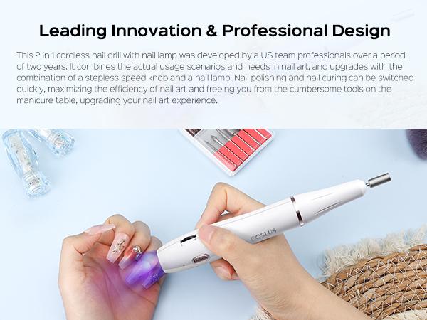 COSLUS Cordless Nail Drill and Electric Nail File:2-in-1 Portable Nail Drill Set with Nail Light, Professional for Crystal Glue Dip Powder Nail Art,Manicure/Pedicure Tool Polishing Set with Nail Drill Bits and Sanding Tool Belt Uv Curing Lamp Compact