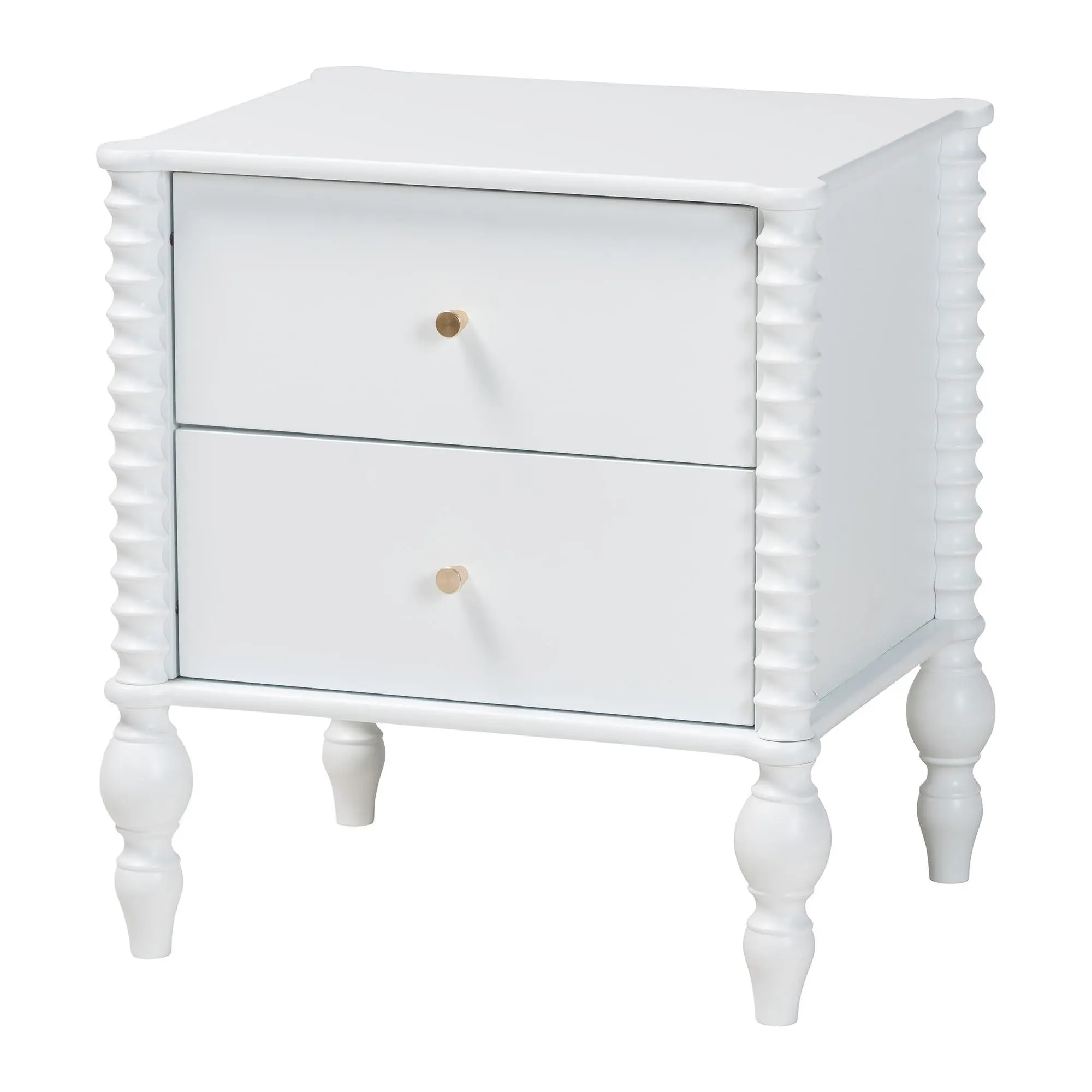 Baxton Studio Callison Spindle Nightstand - 2-Drawer Farmhouse Bedroom Side Table with Spindle Design, Turned Legs, Solid Wood Build, Tapered Metal Drawer Pulls, Rustic Farmhouse Decor, Assembly Required