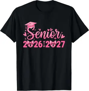 100% Cotton Coquette Pink Bow Senior 2026 2027 Graduation T-Shirt