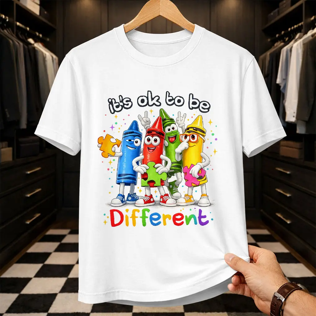 "It's Ok To Be Different" Autism Awareness T-Shirt | Neurodiversity Support Graphic Tee | Colorful Crayon Inclusion Shirt | Positive Vibes Inspirational Top
