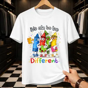 "It's Ok To Be Different" Autism Awareness T-Shirt | Neurodiversity Support Graphic Tee | Colorful Crayon Inclusion Shirt | Positive Vibes Inspirational Top