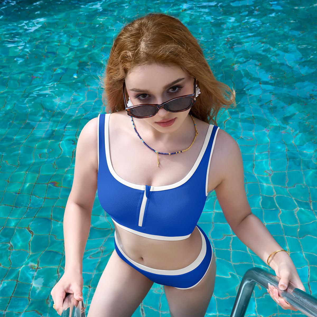 Aprilake Women's Ribbed Triangle Bikini Sets Sporty Tank Zipper Crop High Waist Color Block Two Piece Bathing Suit