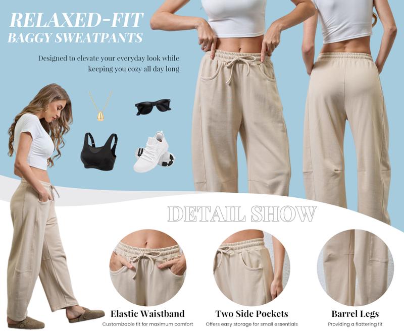 Tanming Women's Barrel Leg Pants Basic or Fleece Lined Elasticated Waist and Soft Wide Leg Pants with Pockets Casual All-Season Sweatpants