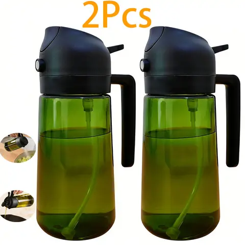 2-Pcs Dual-Function Sprayer & Oil Dispenser Kitchen Utensils Set - 16oz Dark Green Light-Blocking Glass Bottle with Nozzle, BPA-Free Food-Grade Refillable Cruet for Cooking, Salad Dressing, Kitchen Organization