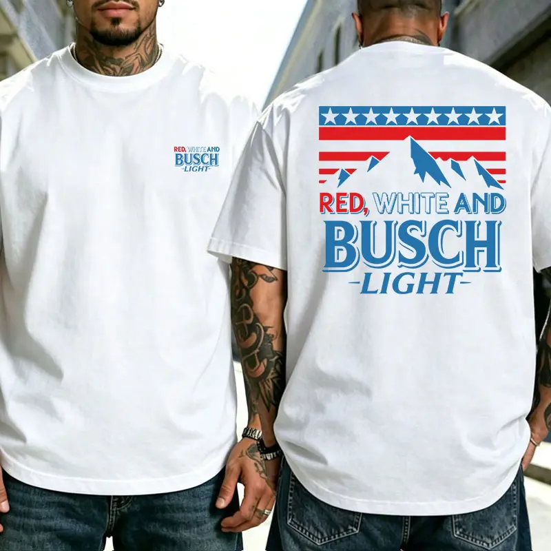 Men’s Busch Light "Red, White and Busch Light" graphic T-shirt, American flag–style front and back print ,  short sleeves for beer lovers, patriotic events and everyday wear unisex trending menswear distressed tee casual summer