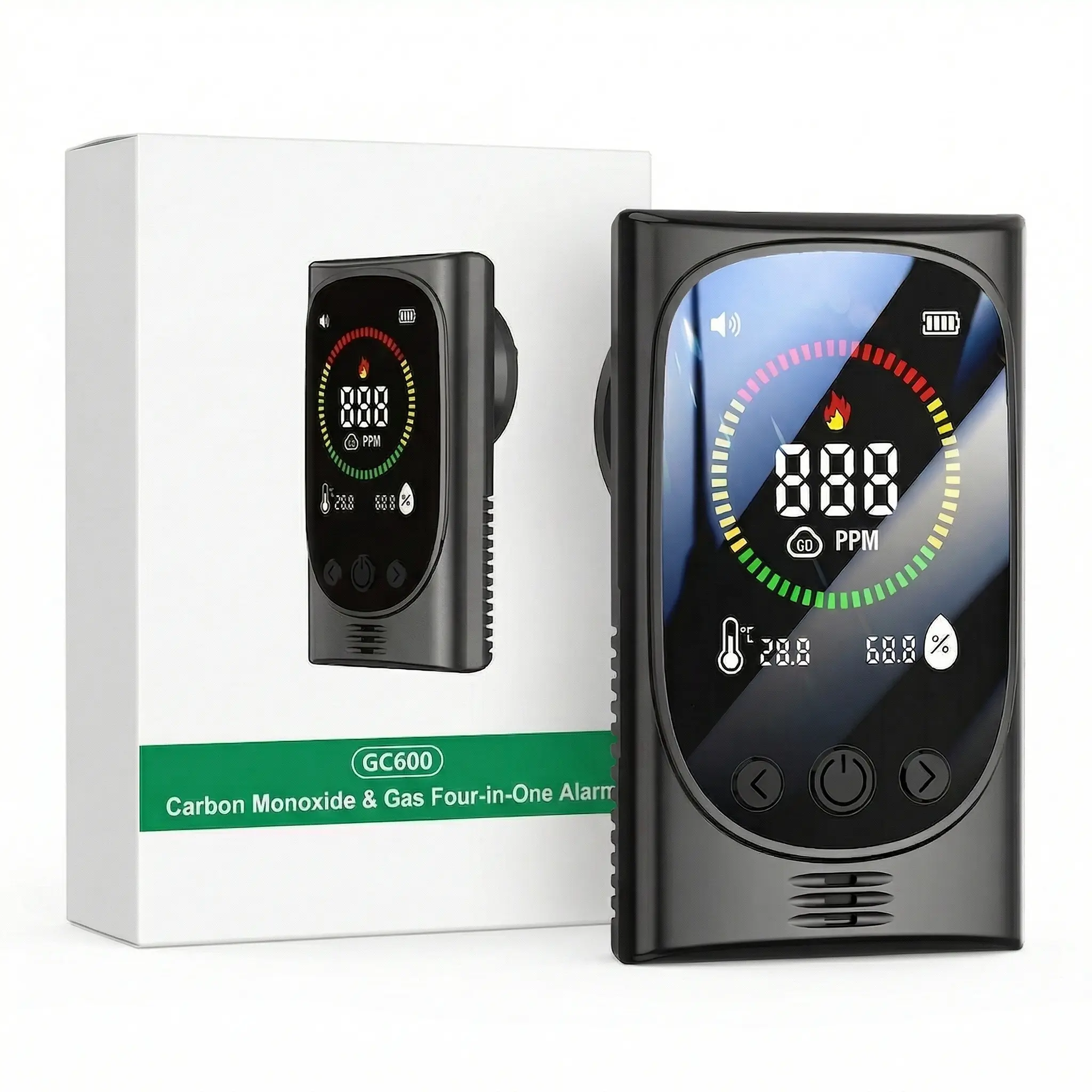 GC600 Mini 4-in-1 Display Remind,Plug in with Temperature Humidity Sensor Built-in,with DualSensor,Air Safety Remind with Clear Display Sound &Light for Homes,Kitchens,Apartments,RVs