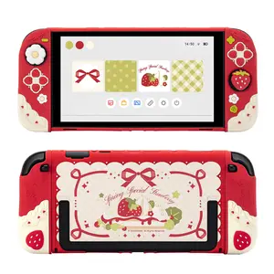 Click to play video Click to see full view GeekShare Strawberries with Cream Case Compatible with Switch 2, Slim Separable Soft Silicone Protective Shell with 2 Thumb Grip Caps - Red