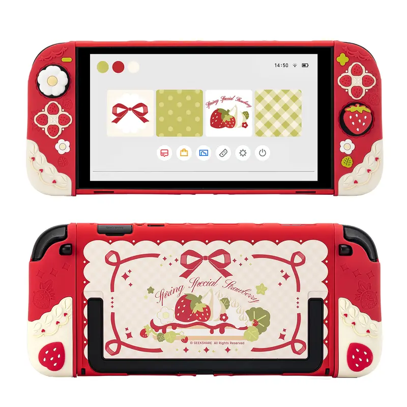 GeekShare Strawberries with Cream Portable Console Cover for Switch 2 Slim - Separable Soft Silicone Handheld Protection Shell, 2 Thumb Grip Caps, Red Gaming Accessories for Joystick, Player