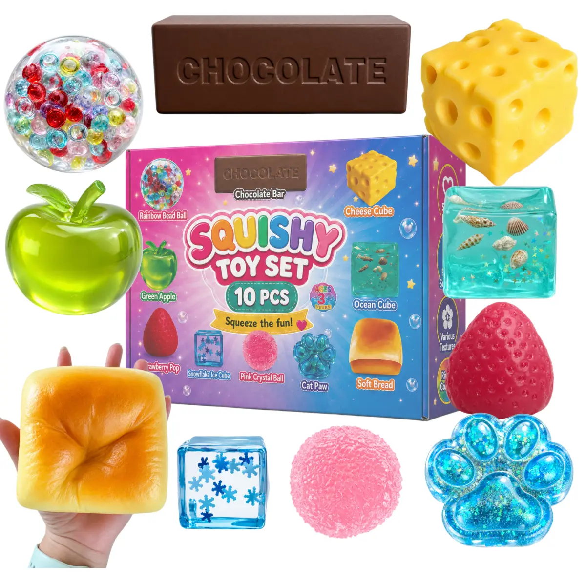10 PCS Squishy Toy Gift Box Set, Assorted Texture Slow-Rising Fidget Toys, Maltose-Feel, Bead Texture & Soft Squeeze Sensory Toys, Party Gift Bundle