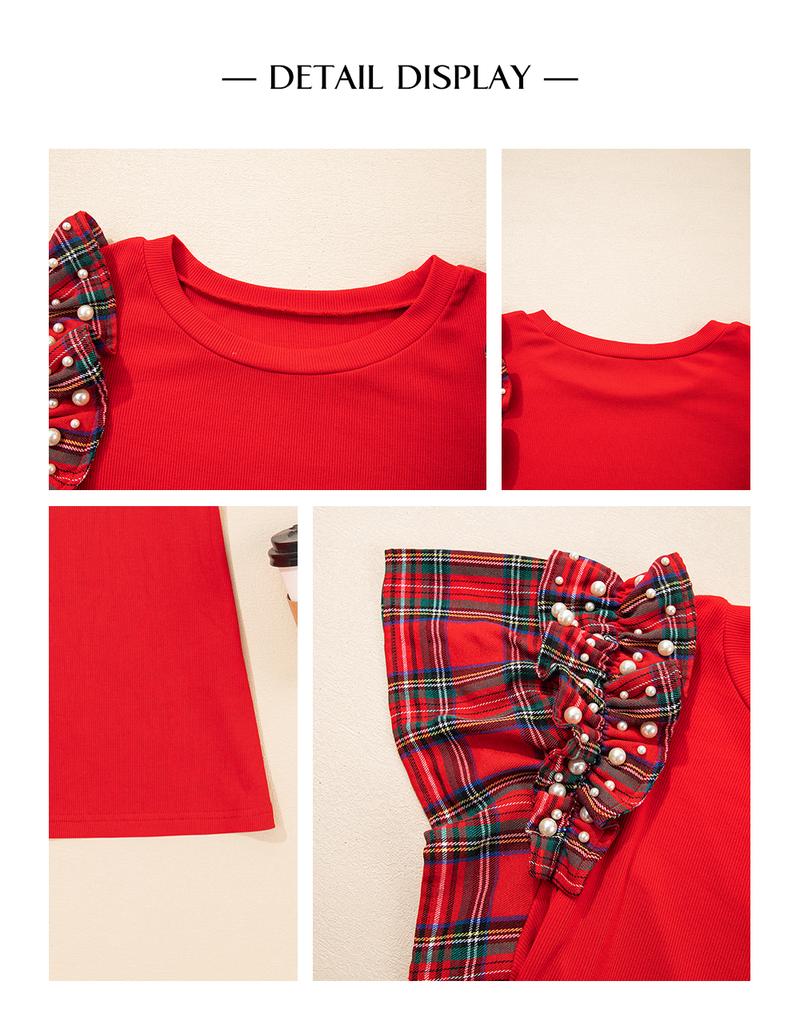 Asvivid Women's Cozy Red Plaid Top with Faux Pearl Ruffles Short Sleeve Loose T Shirt Tops,Perfect Holiday Vibe Christmas Outfit