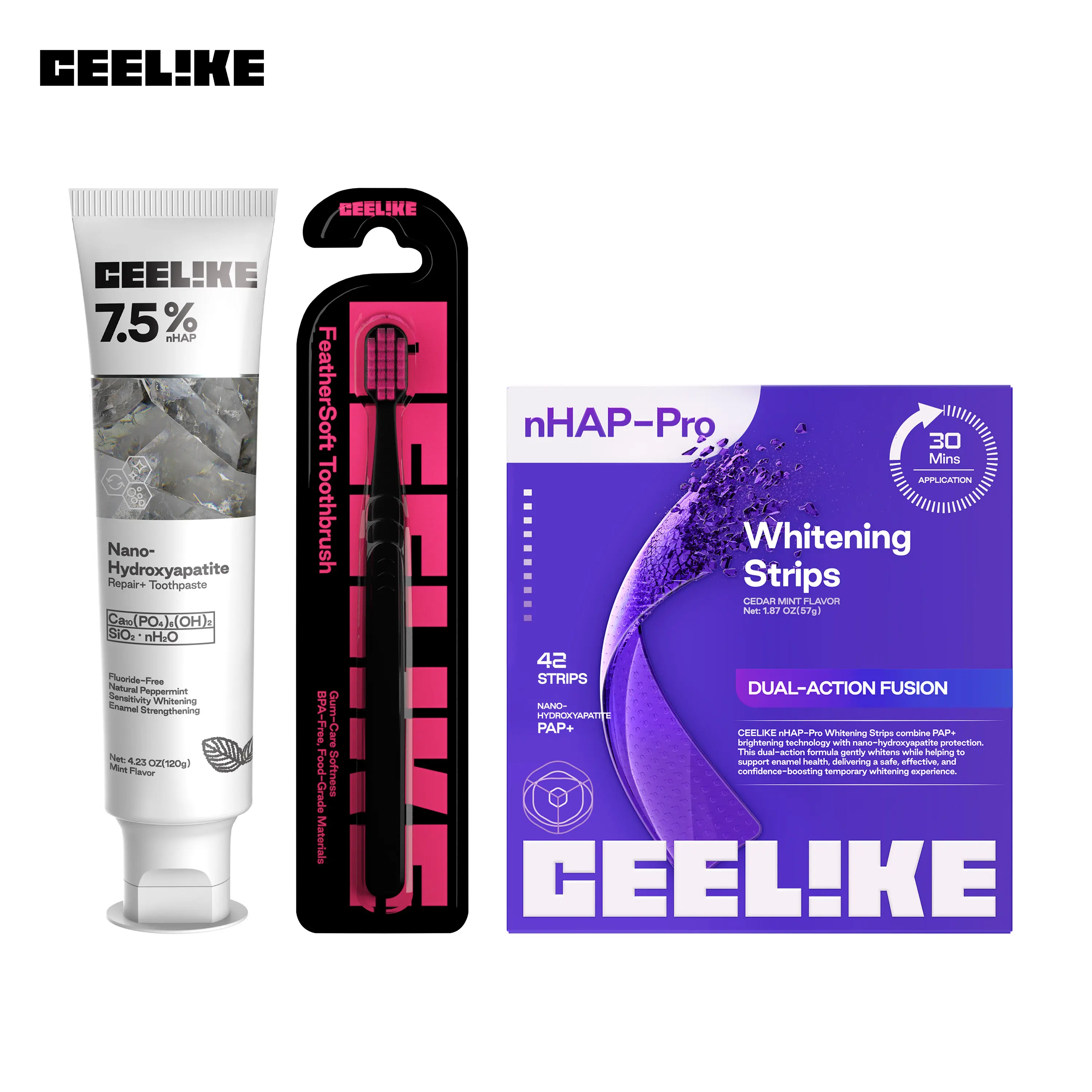 CEELIKE 3-Piece Oral Care Set , Hydroxyapatite Toothpaste + 42 Whitening Strips (21 Sessions) + Soft Toothbrush ,  Fresh Breath Complete Oral Care