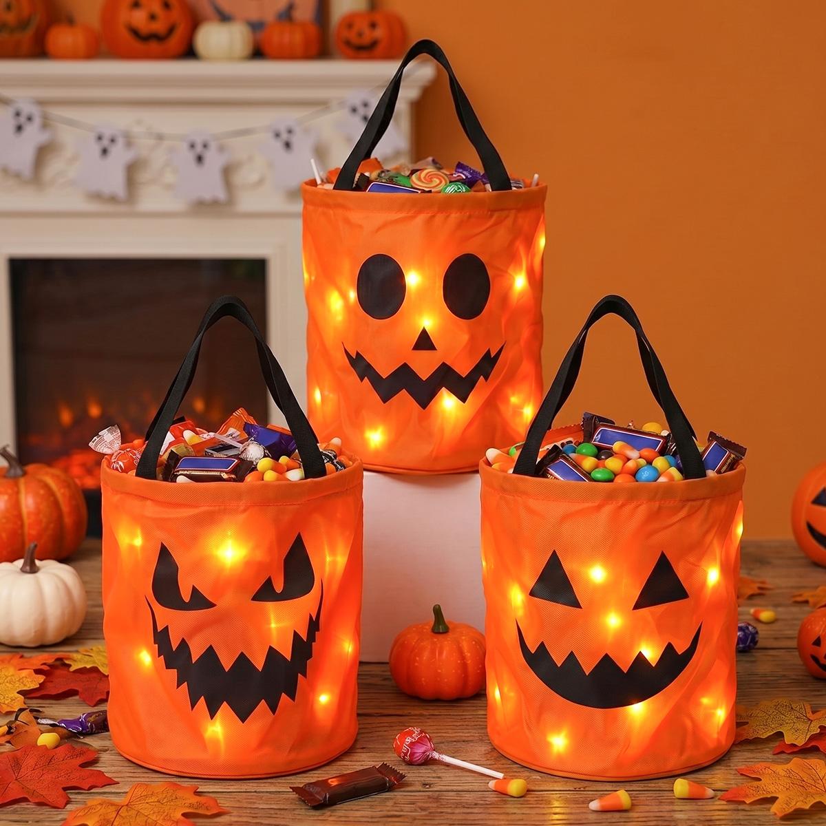 3/4 Pcs Halloween Candy Bucket with LED Lights Non Woven Gift Bags Trick or Treat Bags Pumpkin Candy Bags Reusable Tote Bags for Kids Students Adults, Night Light Bags for Home Garden Lawn Decorations, Halloween Birthday Christmas Party Favor Supplies 3/4 Pcs Halloween Candy Bucket with LED Lights Non Woven Gift Bags Trick or Treat Bags Pumpkin Candy Bags Reusable Tote Bags for Kids Students Adults, Night Light Bags for Home Garden Lawn Decorations, Halloween Birthday Christmas Party Favor Supplies