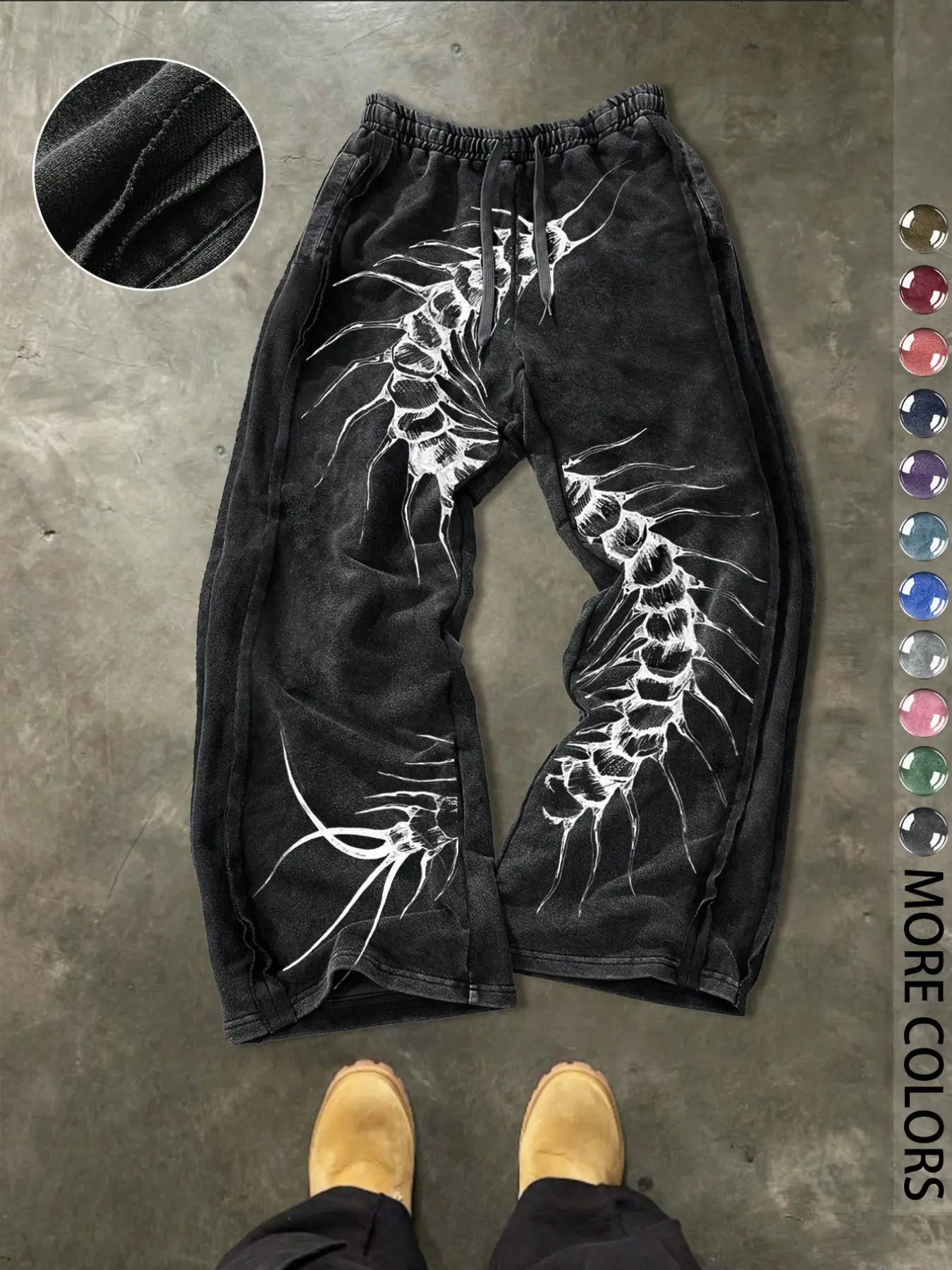 Men's Casual Loose Cotton Material Sport Pants, Casual Athletic Trousers, Dark Centipede Print, Drawstring Waist, Athleisure Design, Ankle Length, Ideal for All-Season Daily Wear