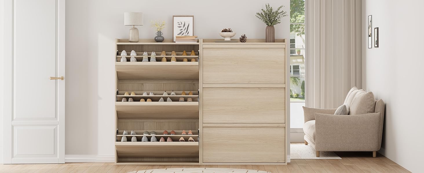 Shoe Cabinet with 3 Flip Drawers, Modern Shoe Storage for Entryway, Wooden Shoe Organizer Cabinet with Adjustable Shelf, Hidden Shoe Rack for Hallway, Living Room, Natural Decor Installation Water Proof