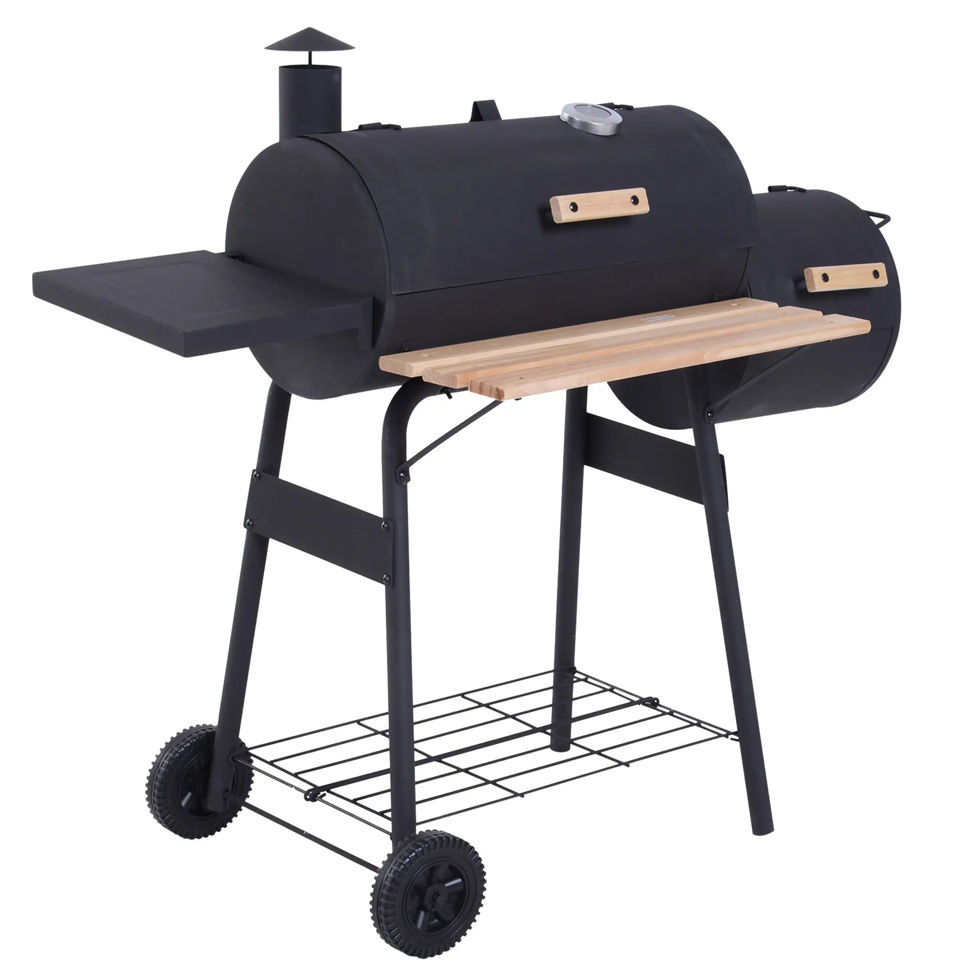 Outsunny Metal Steel Charcoal Barbecue Grill with Offset Smoker, 231 Sq.In. Cooking Area, Barrel BBQ Grill-Smoker Combo, Side Tables, Shelf, Thermometer, Wheels for Outdoor Patio Backyard Gatherings, Charcoal Bbq Grills