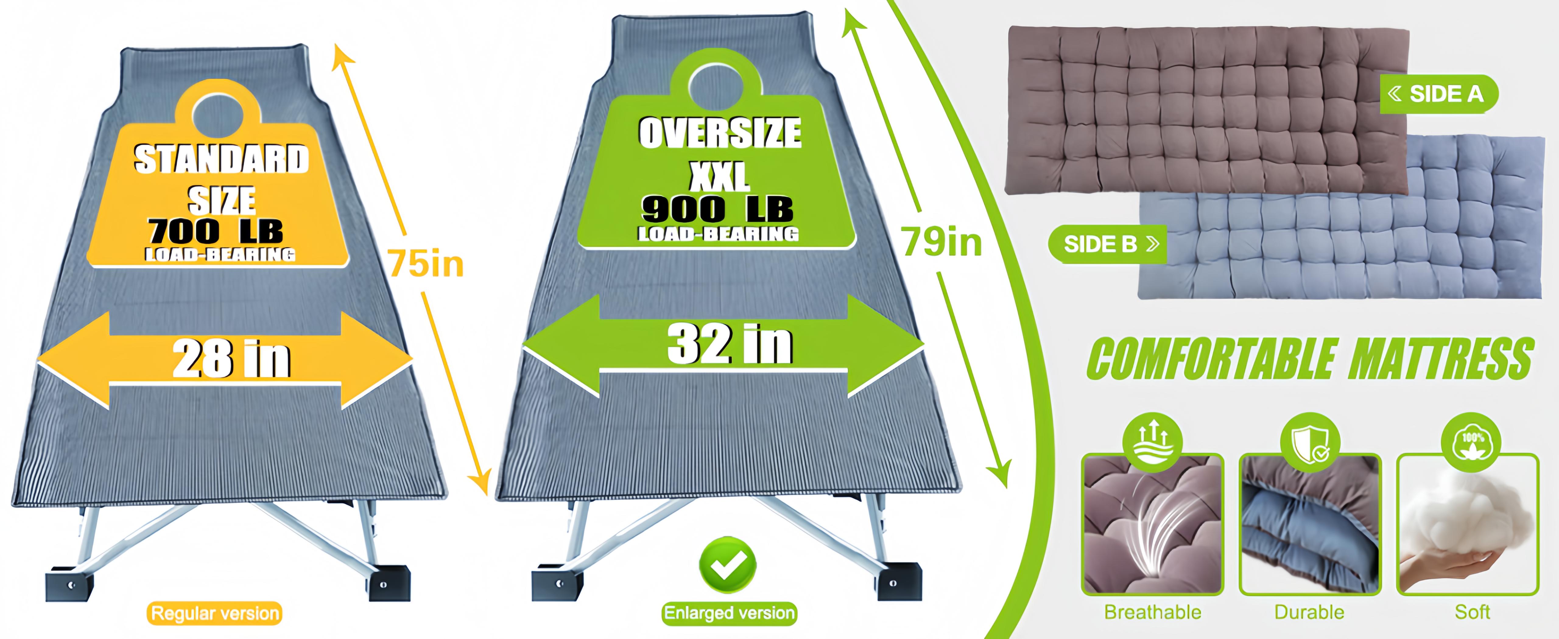 Outdoor Folding Camping Cot with Mattress, Heavy Duty Sleeping Cot with Carry Bag, Up to 900 Lbs, Portable Guest Bed for camping, Travel, Outdoor & Indoor Use