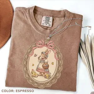 Vintage Easter Bunny Comfort Colors T-Shirt, Vintage Easter Bunny Clipart, Cottagecore Oval Frame Bunny Shirt, Floral Coquette Core Easter Gift, Bunny Lover Gift Tee