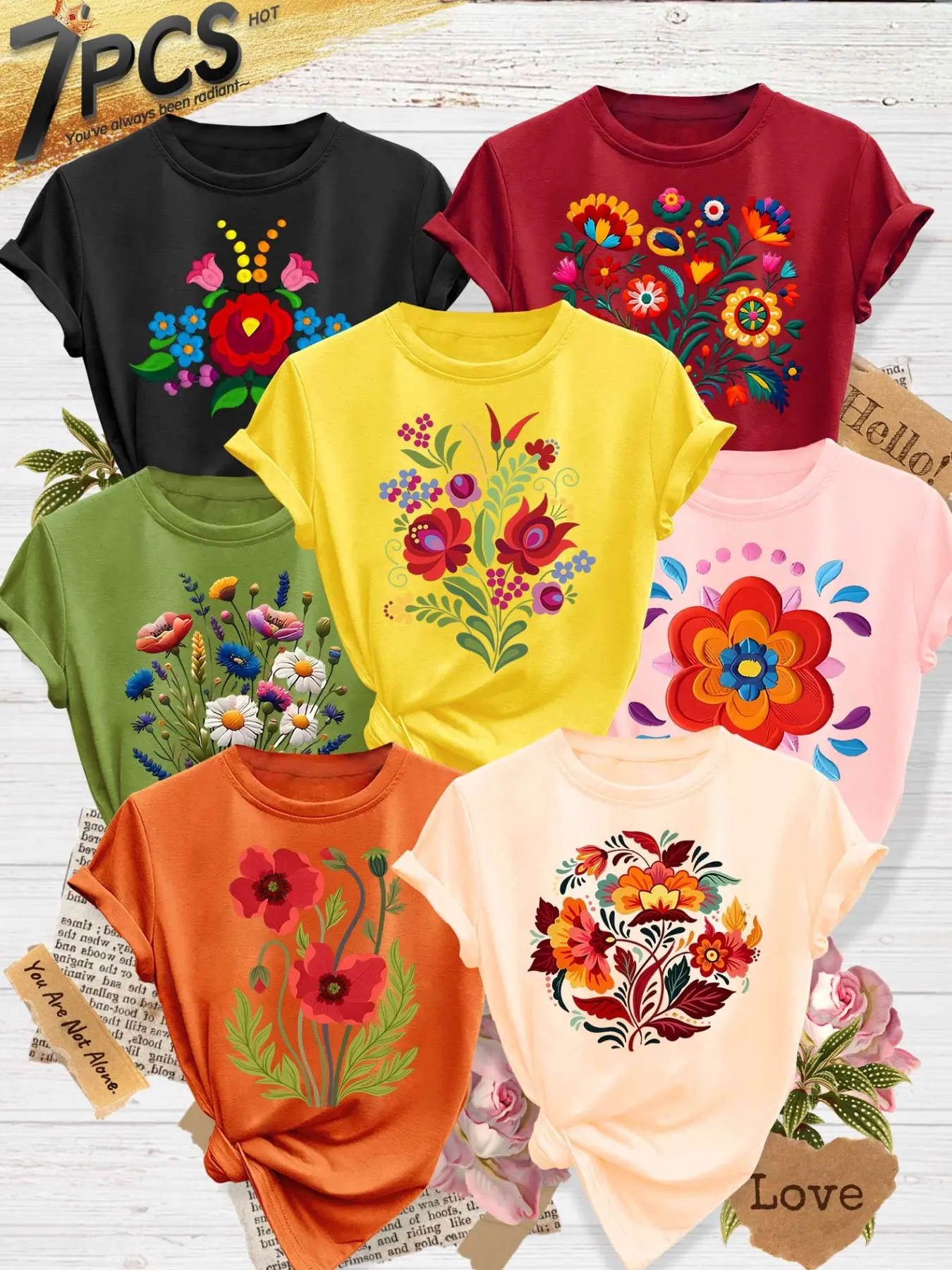 Women's 7-Pack Casual Short-Sleeve Crew Neck T-Shirts Round Neck, Vibrant Folk Floral Print, Multiple Colors Available, Machine Washable, Summer Tops for Daily Wear, Soft Skin-Friendly Fabric, Fashion Versatile Womenswear, Casual Tee