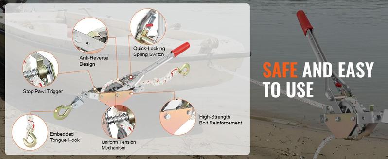 VEVOR Rope Puller, TikTokShopBlackFriday, 3/4 Ton (1,653 lbs) Pulling Capacity, with 100' of 0.6" dia. Rope, 2 Hook, Come Along Winch, Heavy Duty Ratchet Power Puller Tool for Moving Boats, Securing Items, Transporting Logs
