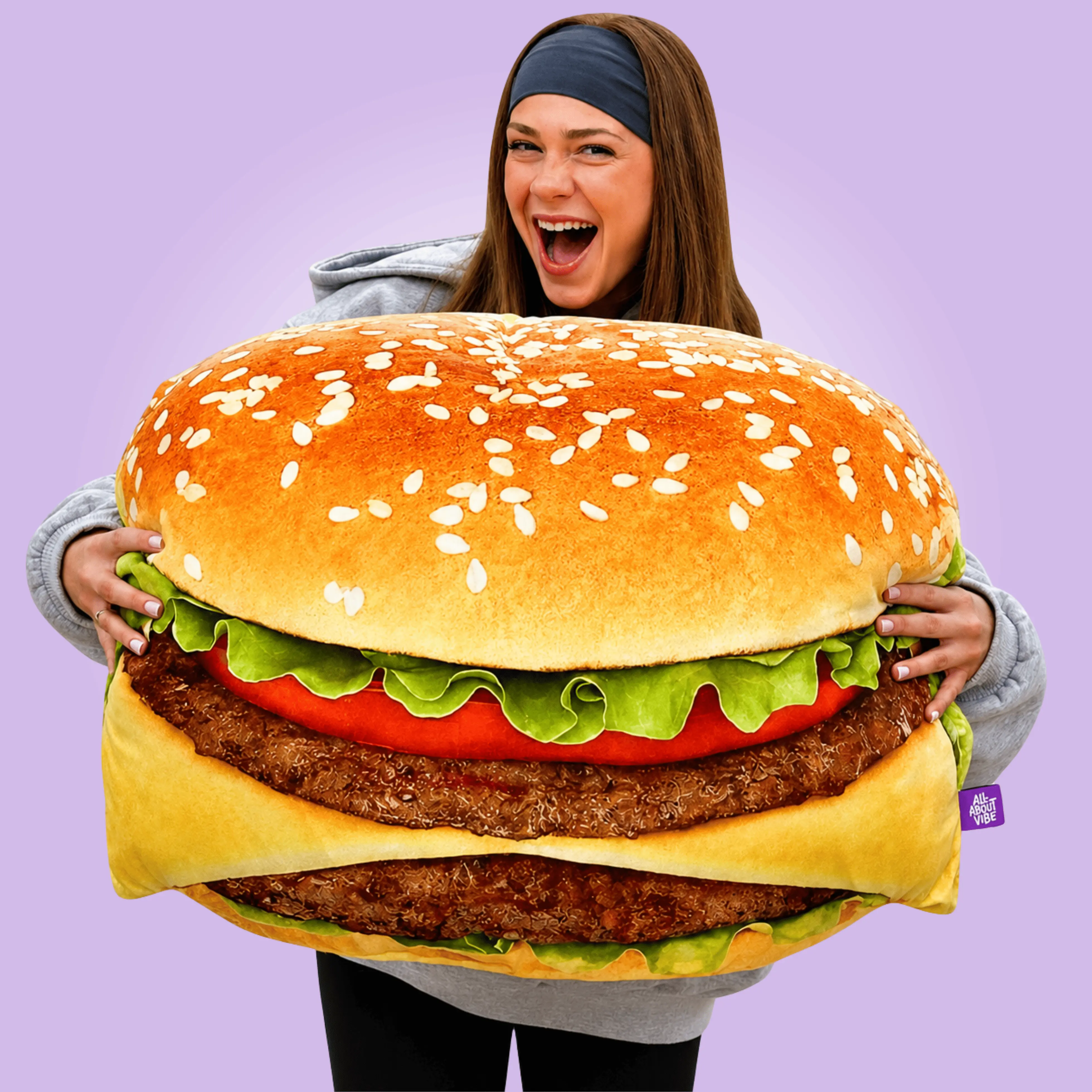 Burger Pillow | All About Vibe – Life-Like 3D Burger That'll Make People Do a Double Take | Funny Foodie Gift & Cozy Room Decor | Soft Plush, Made in USA