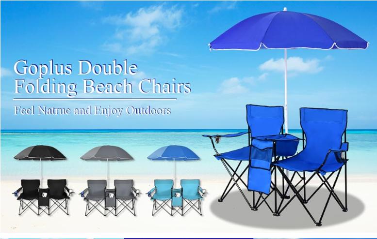 COSTWAY Double Portable Picnic Chairs, Folding Camping Chairs w/Detachable Umbrella, Cooler Bag, Cup Holders, Patio Beach Camping Chairs for Outdoors-Back to School