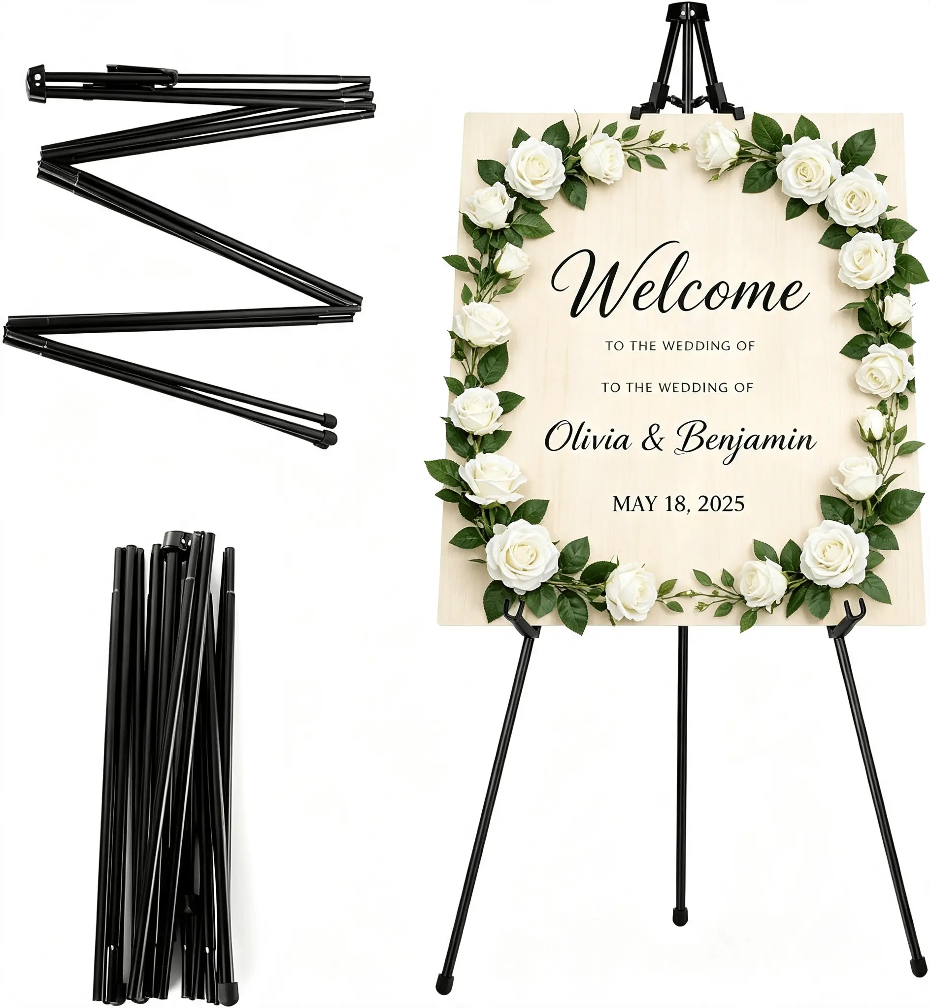 Foldable Sprayed Iron Tripod Easel Stand - 80-168cm (66.14in) Adjustable Floor Display Holder, Compact Fold, Non-Slip Rubber Feet, Portable Rack for Wedding Decor, Canvas Painting, Indoor Gallery Use (Black White), 70-110Cm