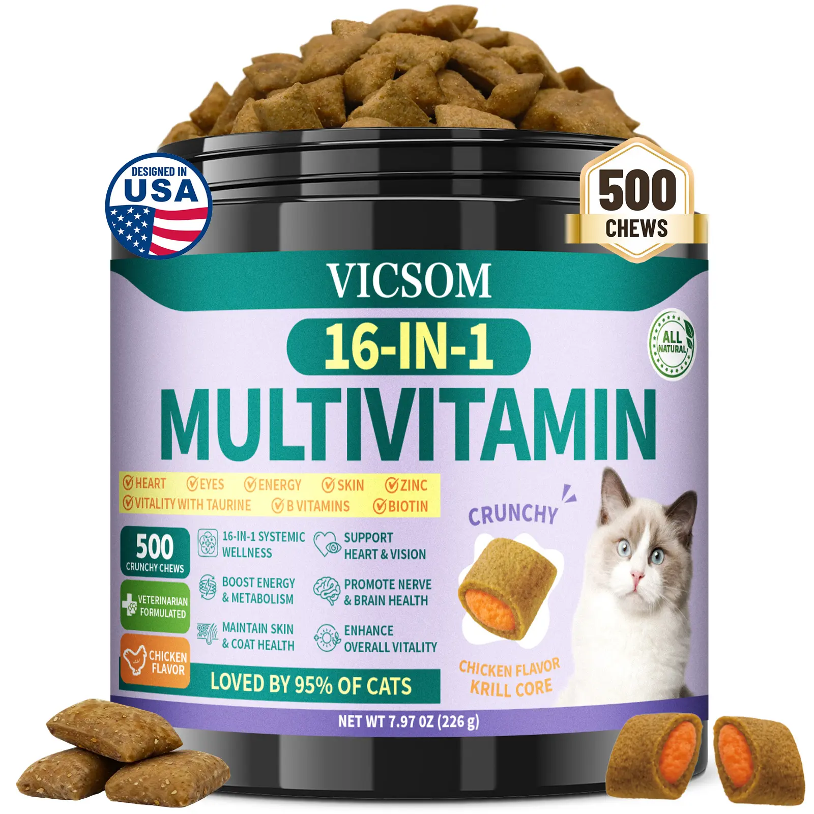 VICSOM 16-in-1 Cat Multivitamin Taurine Supplements - 500 Crunchy Krill Chews with Krill Oil, Biotin, Zinc for Immune, Joint, Digestion Support, Skin & Coat Health, Heart & Eye Care, 90-Day Daily Treats #tiktokshopbacktoschool