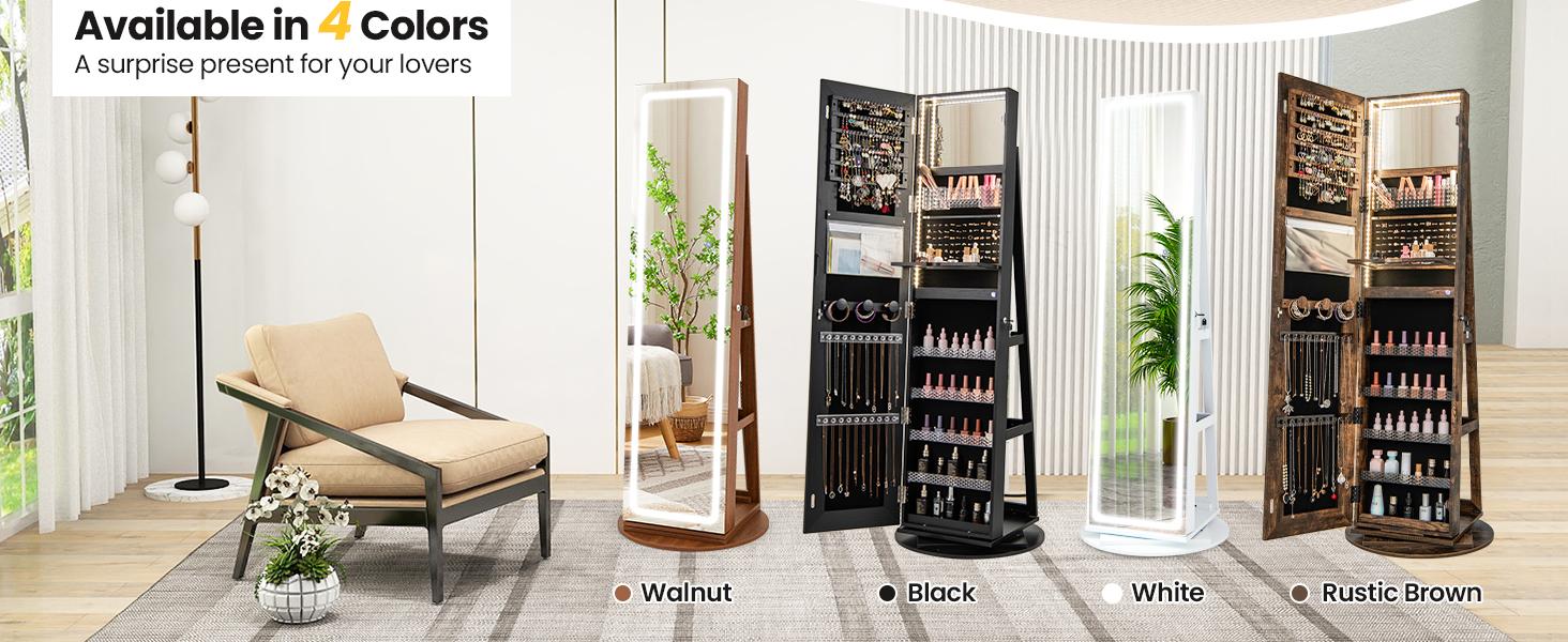COSTWAY 360° Swivel Jewelry Armoire with Full Length Mirror, Rear Storage Shelves, Lockable Standing Jewelry Cabinet Organizer with Interior Vanity Mirror and 3-Color Lights, Christmas Festival Gift Black Friday Cyber Monday COSTWAY 360° Swivel Jewelry Armoire with Full Length Mirror, Rear Storage Shelves, Lockable Standing Jewelry Cabinet Organizer with Interior Vanity Mirror and 3-Color Lights, Christmas Festival Gift Black Friday Cyber Monday