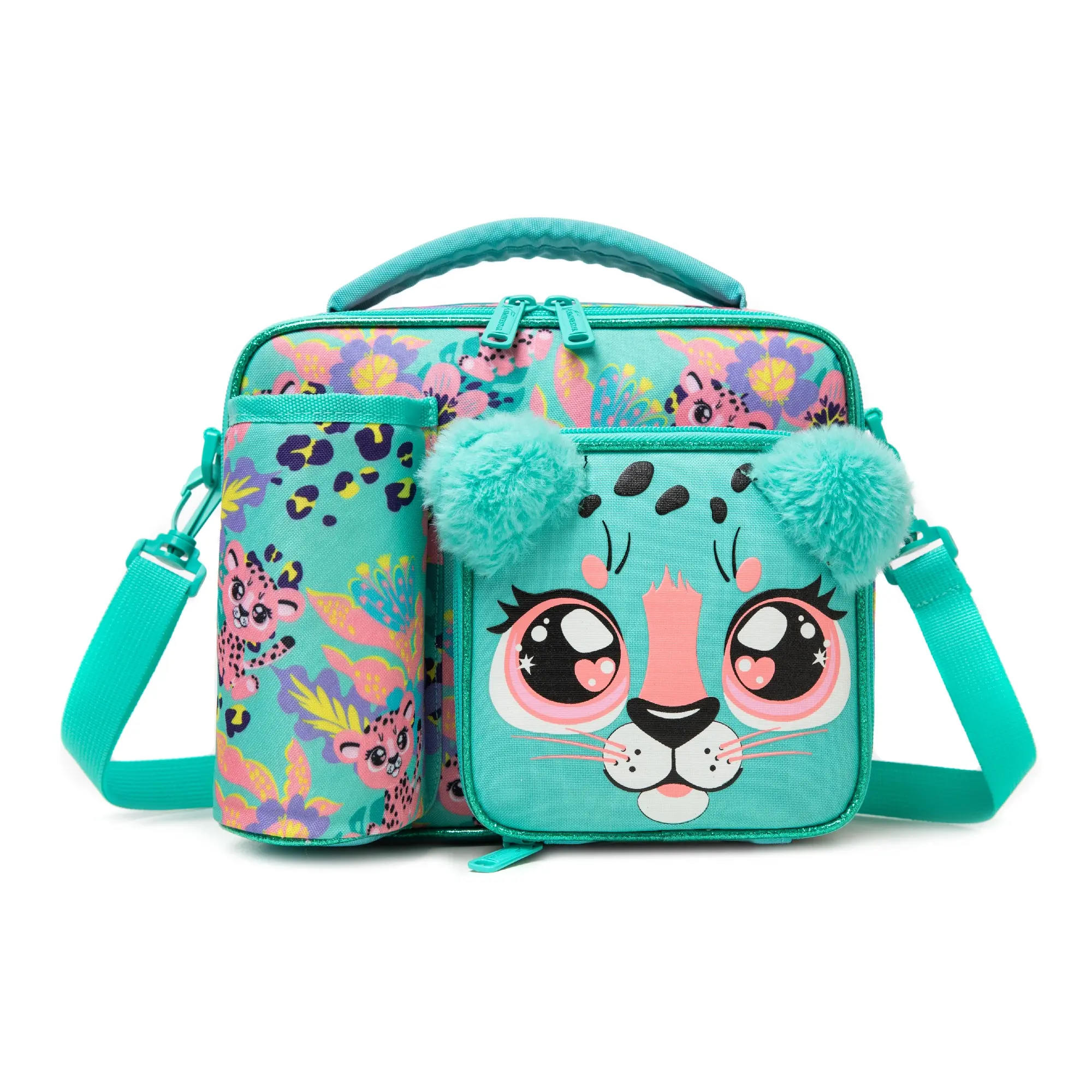 Kids' Synthetic Green Cheetah Print Insulated Lunch Box Set with Water Bottle - Heavy-Duty Polyester Crossbody/Shoulder Bag, Machine Wash Leakproof Thermal Tote, Outdoor Fun School Gift, Handle, Zipper, Graphic, Animal Print
