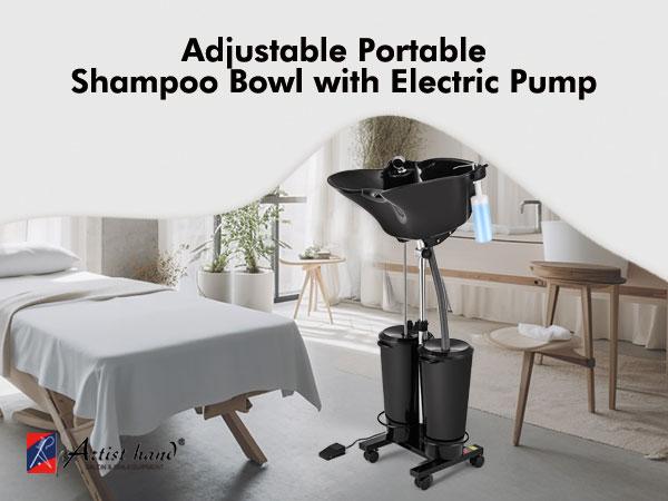 Portable Adjustable Shampoo Bowl with Electric Pump Hair Washing Station Includes 2 Buckets Drain Hoses High-Pressure Sprayer Foot Pedal Switch
