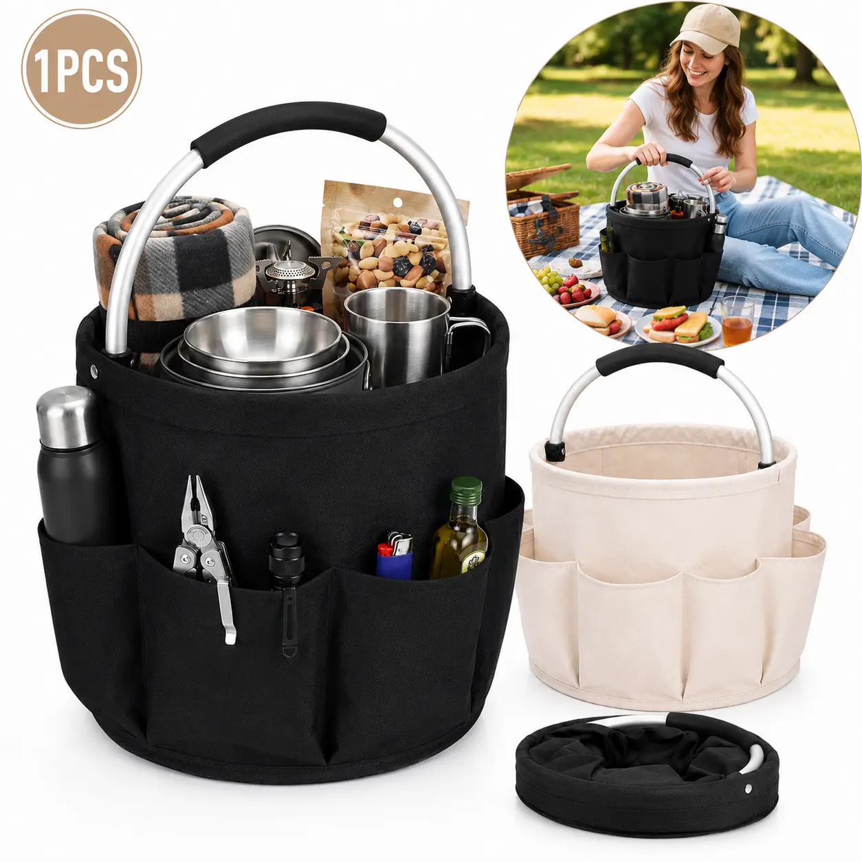 Foldable Picnic Basket with Handle, Compact Portable Collapsible Storage Basket for Outdoor Trips, Hiking & Home Organization