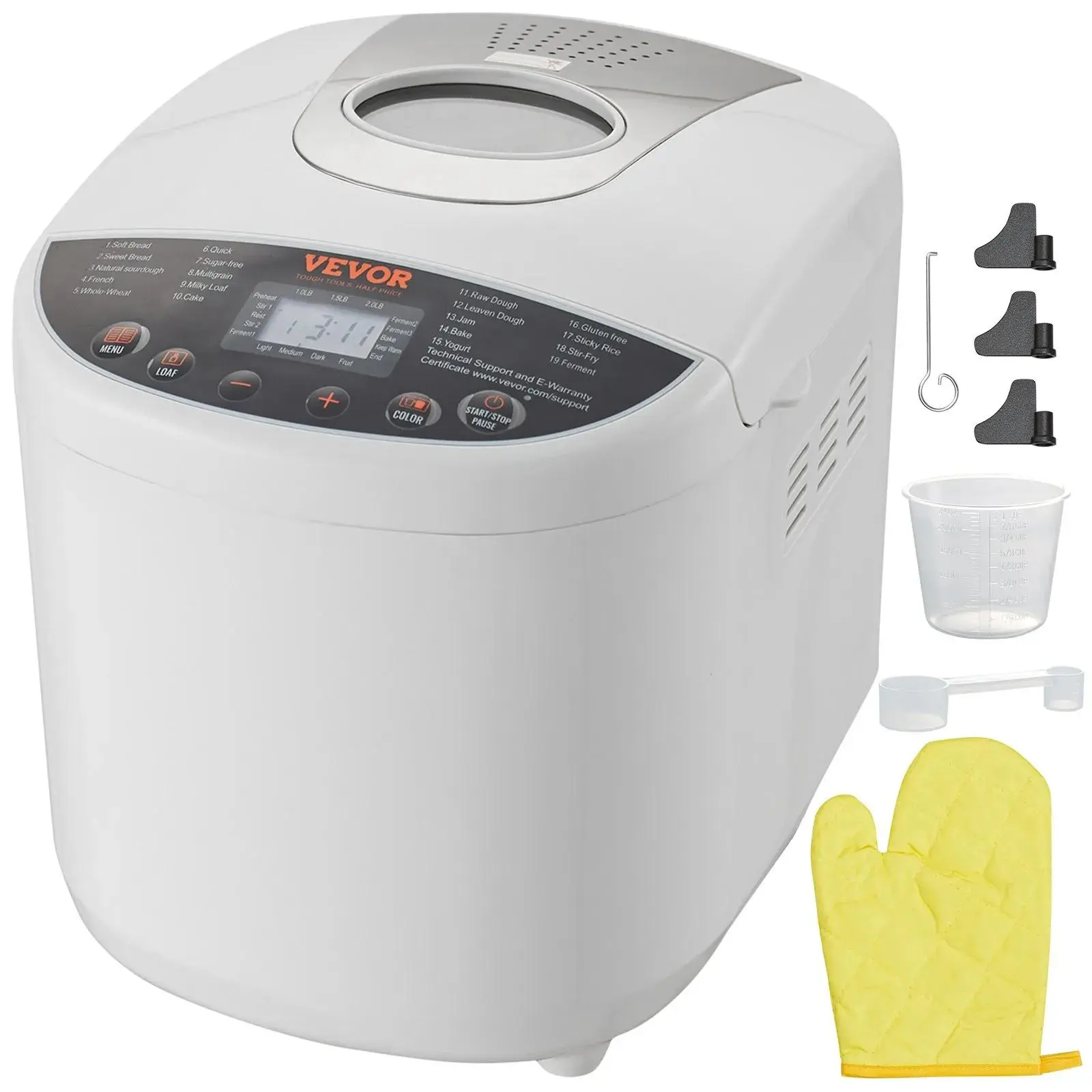 【Summerfinds】VEVOR Bread Maker,  19-in-1 2LB Dough Machine, Nonstick Ceramic Pan Automatic Breadmaker with Gluten Free Setting, Whole Wheat Bread Making, Digital, Programmable, 3 Loaf Sizes, 3 Crust Colors, White, Bread Maker Machine, 3 Capacities