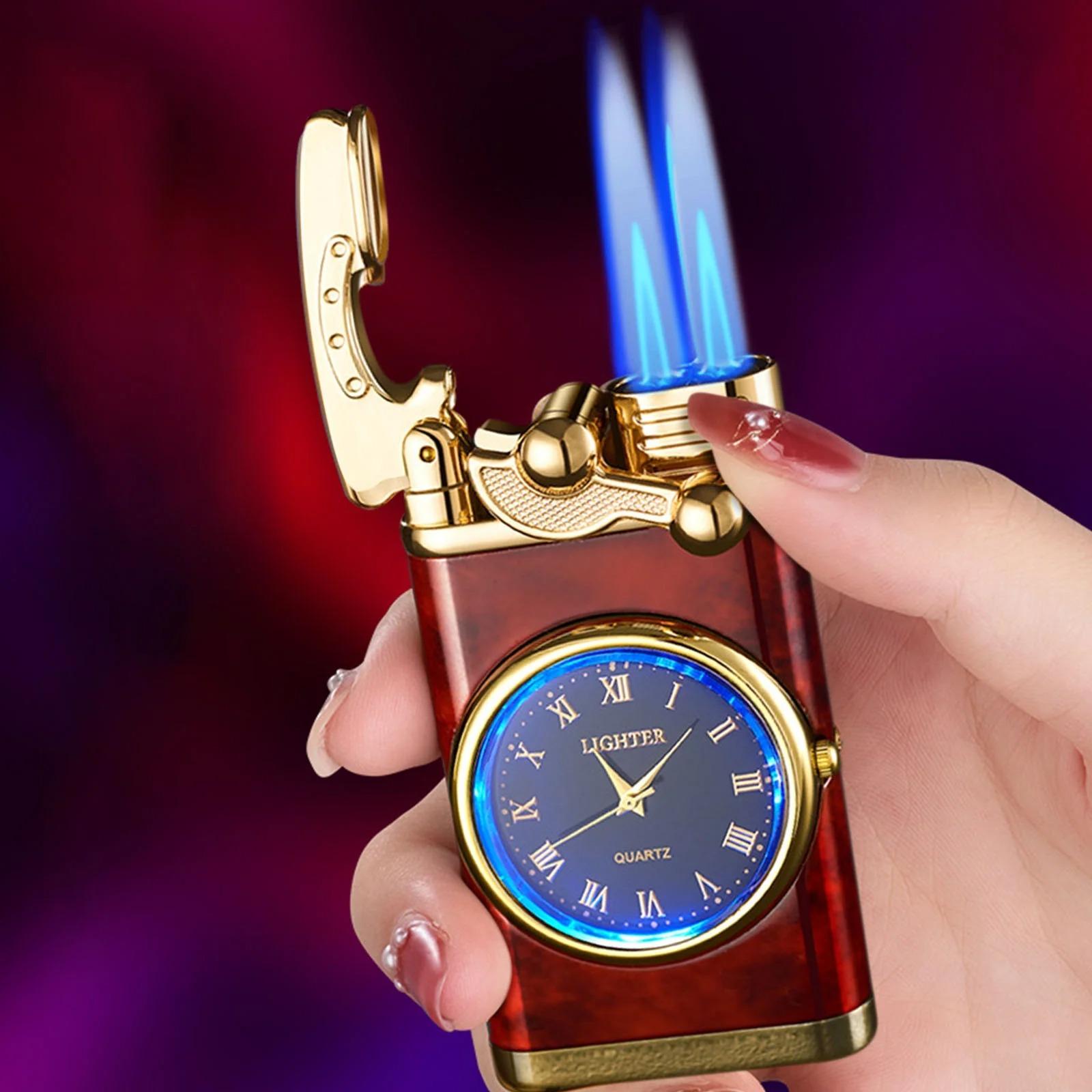 (Butane-free) Retro double-flame windproof lighter, classic clock face design, adjustable flame—refillable, suitable for camping and hiking, an ideal gift for men.
