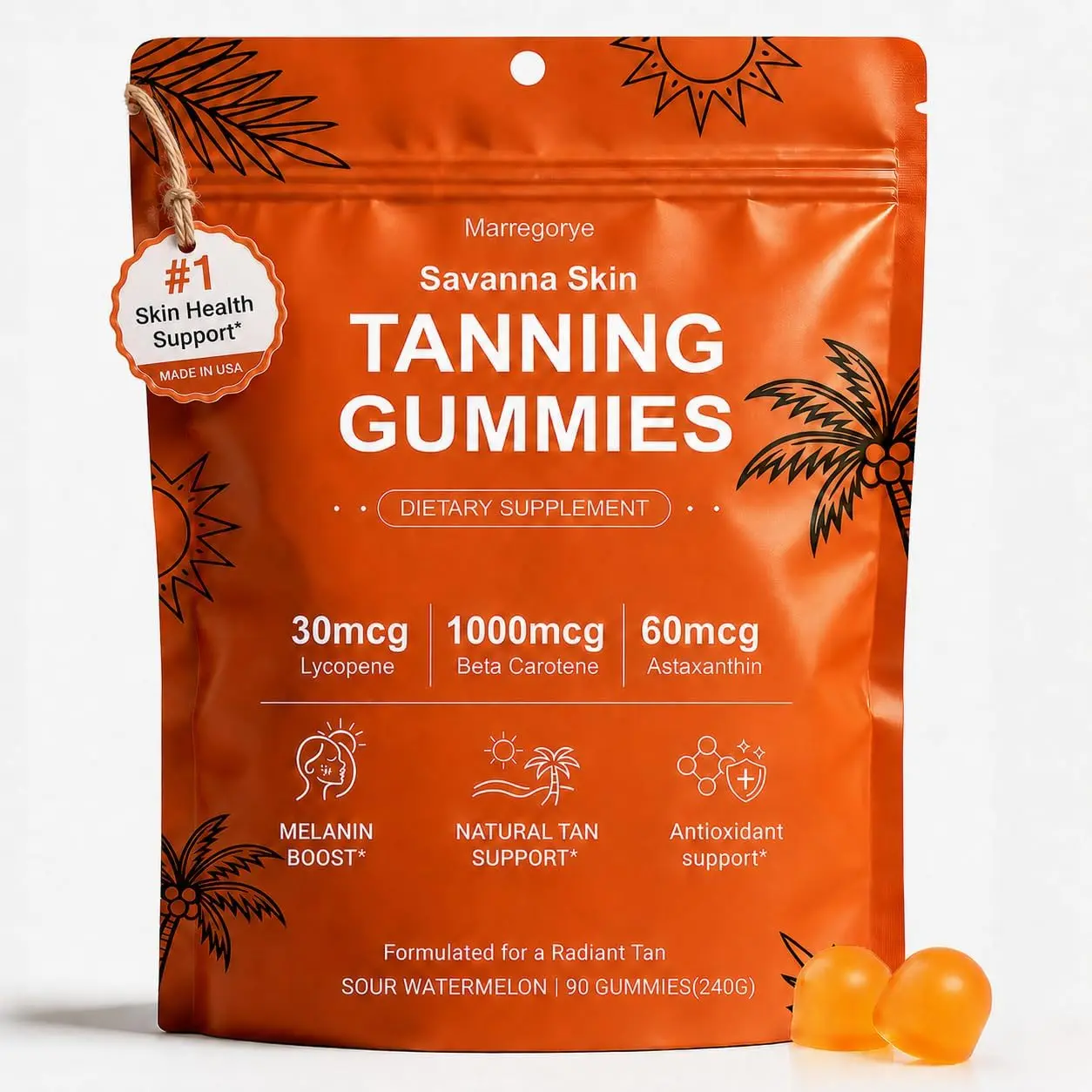Savanna Skin Tanning Gummies – Tanning Gummies for Women – Astaxanthin, Beta-Carotene, Lycopene & Vitamins C&E – Vegan, Gluten-Free, Sour Watermelon – Radiant Skin & Natural Bronze Glow – 90 Gummies