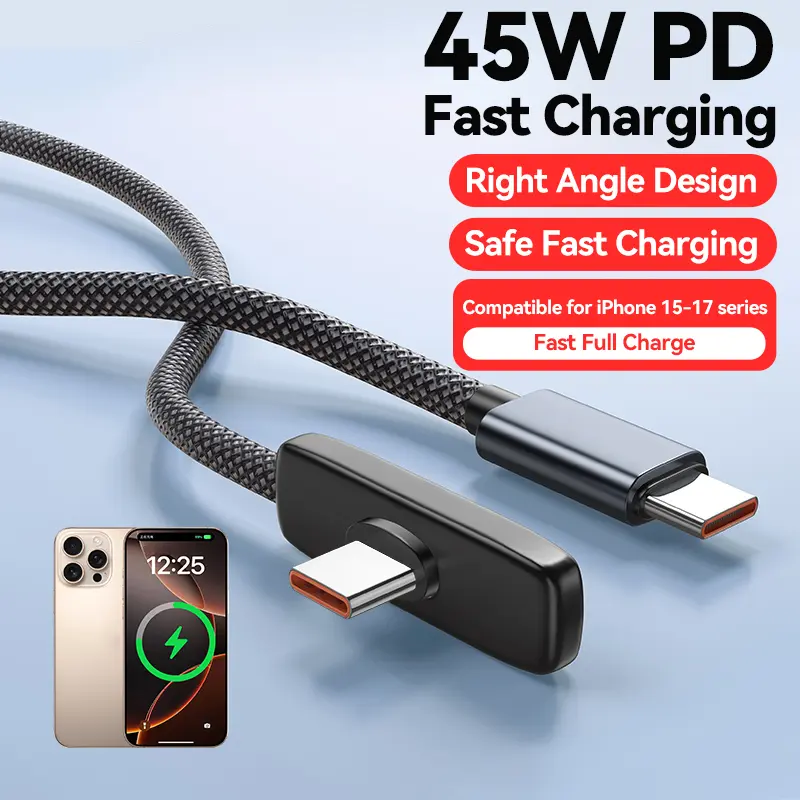 45W USB-C to USB-C Fast Charging Electronic Cable - 90-Degree Elbow, PD Data Transmission, Compatible with iPhone 15-17 Series