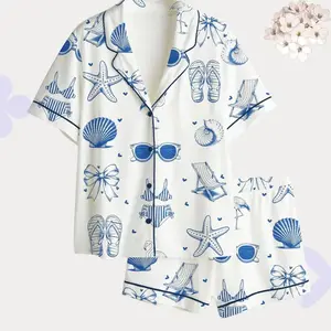 Blue Beach Print Pajama Set – Coastal Nautical Summer Women’s Sleepwear