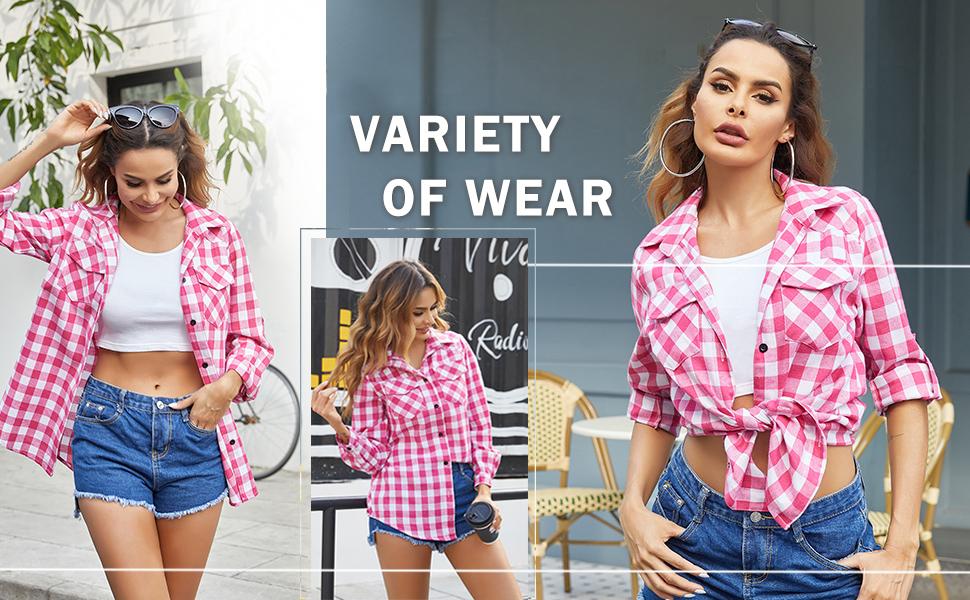 ZEAGOO Women's Flannel Shirts Long/Roll Up Sleeve Collared Button Down Plaid Shirt Casual Work Tops Thin Short