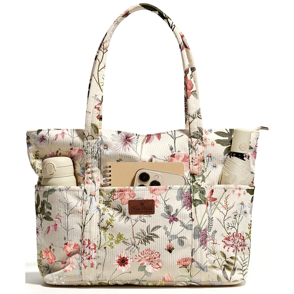 Miss Adola Women's Large Aesthetic Floral Patterned Corduroy Tote Bag - Zip Closure, Spacious, Multi Pockets, Durable, for Travel, Work (Sports & Outdoor Gym Accessory)
