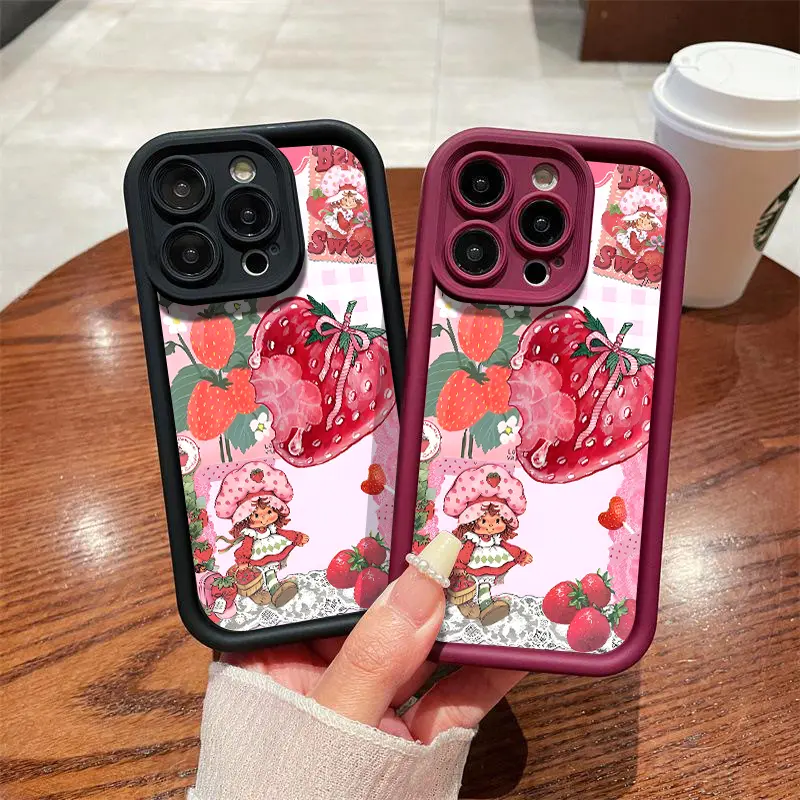 Strawberry Shortcake Pattern Soft Silicone Phone Case - Full Protection, Shockproof for iPhone 17 16 15 Pro Max 14 13 12 11 X Plus Air Mini, Blush Pink for Girls, Smartphone Cellphone Handheld Devices, Casing